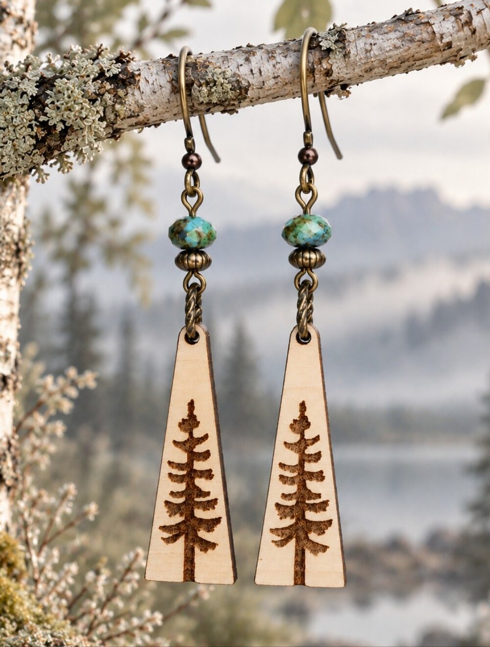 African Turquoise Jasper Evergreen Earrings Wood Brass Hand Crafted